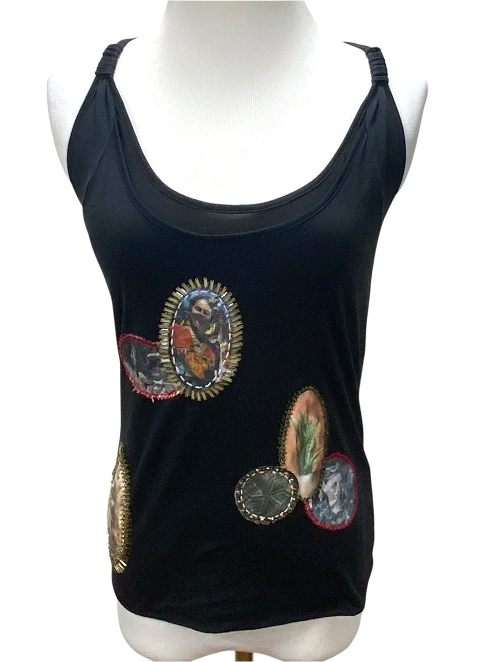 Vintage Marc Cain Silk Tank Top Black Racerback Embellished Art Appliqué Size N - Picture 2 of 9